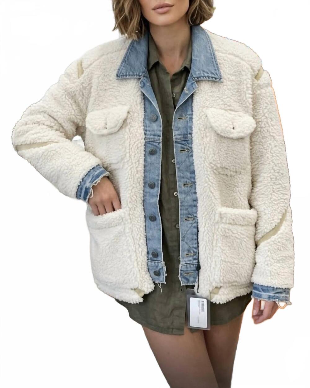 NEW GREG LAUREN trucker front work jacket in blue denim/cream